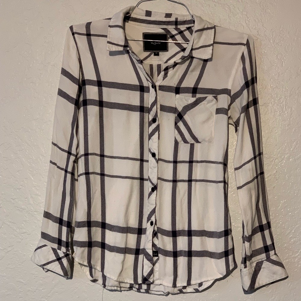 White and purple plaid button up
